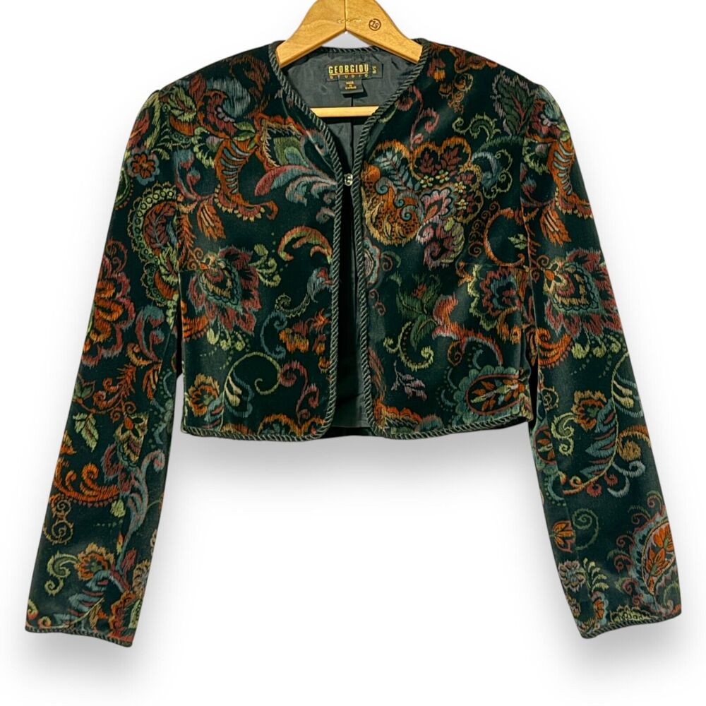 Vintage Green Floral Velvet Blazer